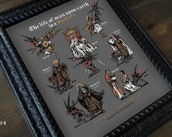 May include: A framed print on a gray background featuring the text The life of man upon earth is a warfare and The Seven Capital Virtues. The illustration depicts seven figures representing virtues battling seven dark, winged creatures.