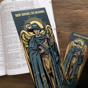 Saint Raphael the Archangel illustrated by BARITUS Catholic Illustration, printed on bookmarks with metallic gold ink.