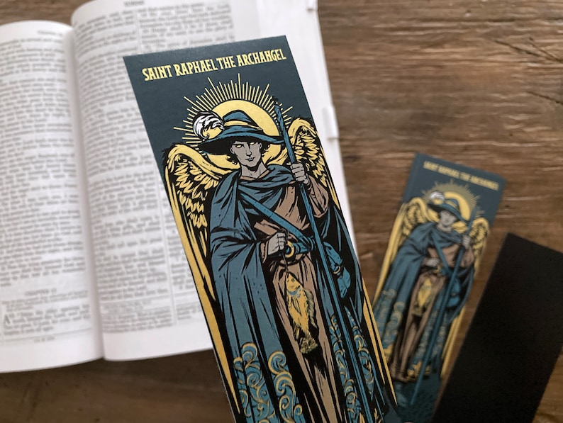 Saint Raphael the Archangel illustrated by BARITUS Catholic Illustration, printed on bookmarks with metallic gold ink.