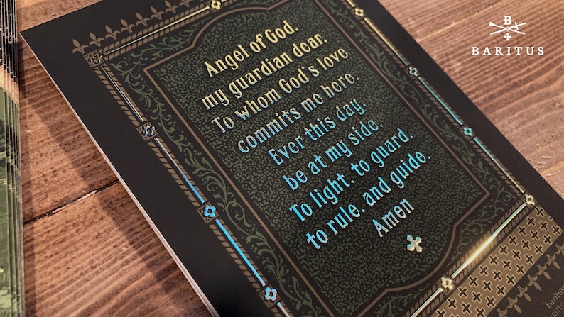 Original artwork based on the traditional Catholic devotion to our Guardian Angels, by BARITUS Catholic Illustration. Image depicts the reverse side of the holy card with brilliant metallic gold accents showing the traditional prayer to the Guardian Angel.