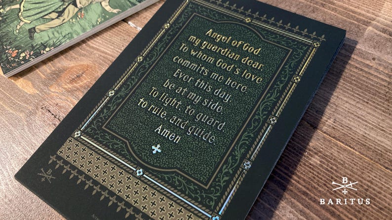 Original artwork based on the traditional Catholic devotion to our Guardian Angels, by BARITUS Catholic Illustration. Image depicts the reverse side of the holy card with brilliant metallic gold accents showing the traditional prayer to the Guardian Angel.