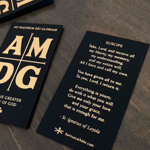 Small AMDG Metallic Gold Holy Card with Suscipe Prayer
