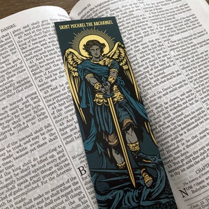 Saint Michael the Archangel illustrated by BARITUS Catholic Illustration, printed on bookmarks with metallic gold ink.