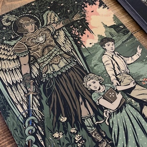 Original artwork based on the traditional Catholic devotion to our Guardian Angels, by BARITUS Catholic Illustration. Depicting a highly ornamented and armored angel standing watch over two children in a powerful pose flying just above the ground while wrestling a snake on the end of a fiery sword. He is moving aside the thick woods so that the two children in his care can pass safely into the field on their way to Mass. Metallic gold accents are shown on the card on the intricate details.