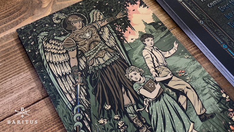 Original artwork based on the traditional Catholic devotion to our Guardian Angels, by BARITUS Catholic Illustration. Depicting a highly ornamented and armored angel standing watch over two children in a powerful pose flying just above the ground while wrestling a snake on the end of a fiery sword. He is moving aside the thick woods so that the two children in his care can pass safely into the field on their way to Mass. Metallic gold accents are shown on the card on the intricate details.