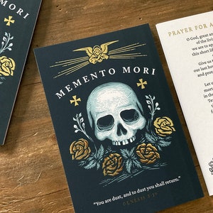 Carte sacrée en feuille d'or 4 x 6 Memento Mori Prière pour une mort heureuse