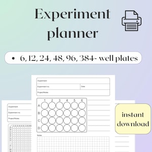 May include: An experiment planner titled "Experiment planner" with sections for experiment details and notes. It features well plate options and the text "instant download" in a yellow box. The text "6, 12, 24, 48, 96, 384- well plates" is also included.