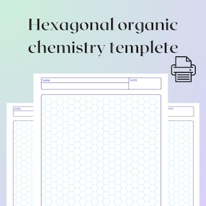Può includere: Modelli di chimica organica esagonale. Ogni foglio presenta una griglia di esagoni azzurri, con spazi per argomento e data. Il titolo "Hexagonal organic chemistry template" è in alto. Un'icona della stampante è in alto a destra.
