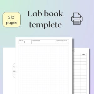 May include: A lab book template with the text "Lab book template" and "212 pages". The pages are white with a grid pattern and include sections for page number, title/experiment, and date.