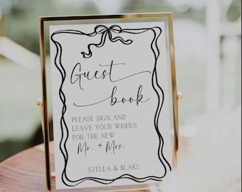 Minimalist Guestbook Template- Editable Canva Template- Wedding Signage Template- Canva Sign Template- Hand Drawn Bow- Modern Wedding Decor