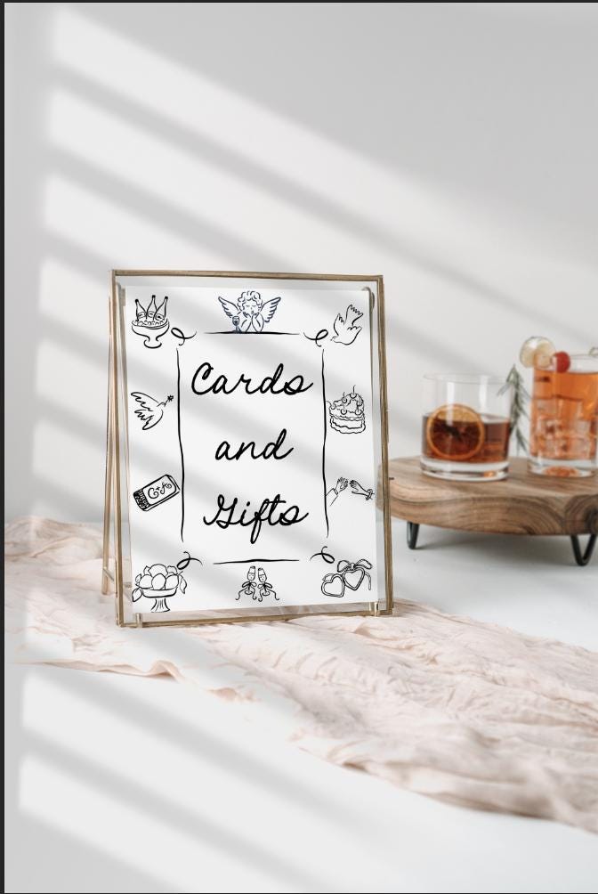 Whimsical Cards and Gifts Sign- Editable Canva Wedding Sign- Handdrawn elements- Wedding Signage- Template Download- Minimalist Wedding Sign