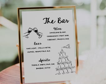 Modern Illustration Wedding Bar Menu- Wedding Bar Sign Template- Printable Bar Sign- Editable Drink Menu- Editable Canva Template- 8x10-5x7