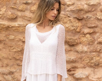 Poncho estivo Boho bianco, copri abito hippie See through Ibiza, poncho bianco Boho per donne, poncho estivo lavorato a maglia, regalo hippie chic