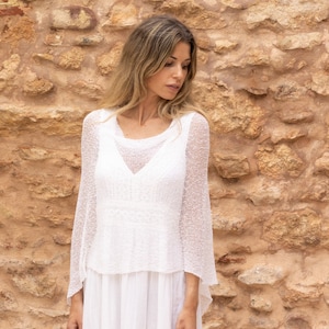 Poncho estivo Boho bianco, copri abito hippie See through Ibiza, poncho bianco Boho per donne, poncho estivo lavorato a maglia, regalo hippie chic