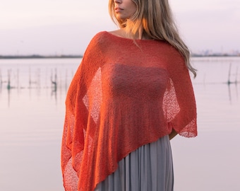 Knitted wedding shawl for bridesmaids, Orange sheer poncho lightweight, Stole for rustic wedding, Maid of honor gift, Wedding accessories