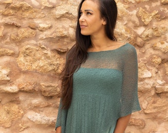 Sage boho shawl sheer, Crochet poncho for evening dress, Jade knit capelet shawl, Bohemian clothes for chilly nights, Gift for wife