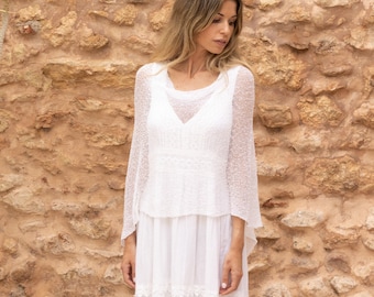 White wedding shawl for boho bridal, Cape wedding dress topper sheer, Knit stole for summer wedding, Bridal cover up white, Wedding Capelet