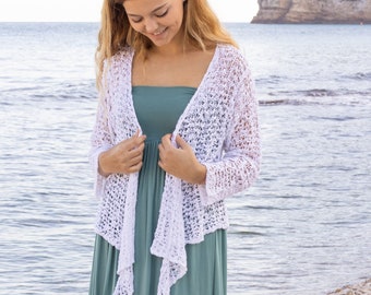 Cárdigan de punto blanco para boda, Chaqueta nupcial blanca para boda boho, Cárdigan frontal abierto para vestido de mangas, Cubierta de boda de playa Boho