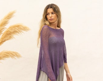 Purple sheer poncho for women, Boho chic off the shoulder poncho eggplant color, Multiple way dress cover up knitted, Robe boheme for women