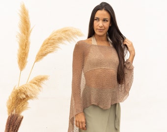 Tapa superior tribal para festival, poncho Boho para mujer, tapa superior de punto convertible, color natural Taupe, ropa tribal terrosa