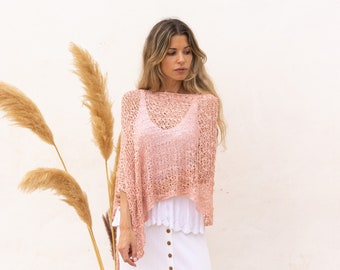 Loose knit sweater for women, Light pink poncho openwork, Sheer cover up knitted, Romantic clothing women accessories, Boho gifts for mom