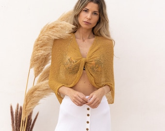 Bolero coprispalle estivo senape, top avvolgente in maglia trasparente convertibile, scialle dorato per donne boho, coprispalle bolero leggero trasparente, regalo Boho per lei