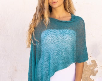 Teal sheer knitted versatile wrap top, light summer dress infinity shawl, minimalist clothing