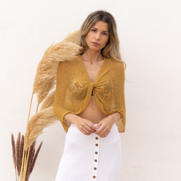 Bolero de encogimiento de hombros de verano mostaza, convertible transparente con tapa envolvente de punto, chal dorado para mujeres boho, bolero ligero encogiéndose de hombros, regalo boho para ella