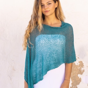 Teal sheer knitted versatile wrap top, light summer dress infinity shawl, minimalist clothing