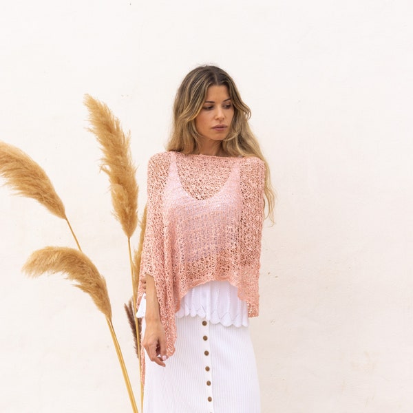 Loose knit sweater for women, Light pink poncho openwork, Sheer cover up knitted, Romantic clothing women accessories, Boho gifts for mom