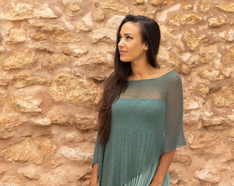 Encubrimiento de vestido romántico, poncho de punto transparente, top con hombros descubiertos de jade verde, ropa boho para mujeres naturales, regalo del día de la madre