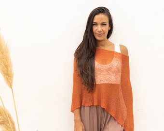 Burnt orange knit poncho, Beach cover up see through, Multi way wrap top for summer, Beach poncho boho wear, Burning man festival clothing