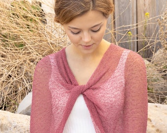 Romantic dusty rose twist shawl, off shoulder sheer cover up, versatile summer knit poncho, bridal shrug bolero, infinity wedding wrap top