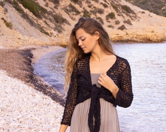 Coprispalle bolero da damigella d'onore per matrimonio, Coprispalle bolero da ballo per ballerina, Bolero nero lavorato a maglia larga, Cardigan corto allacciato boho chic, Regalo ragazza