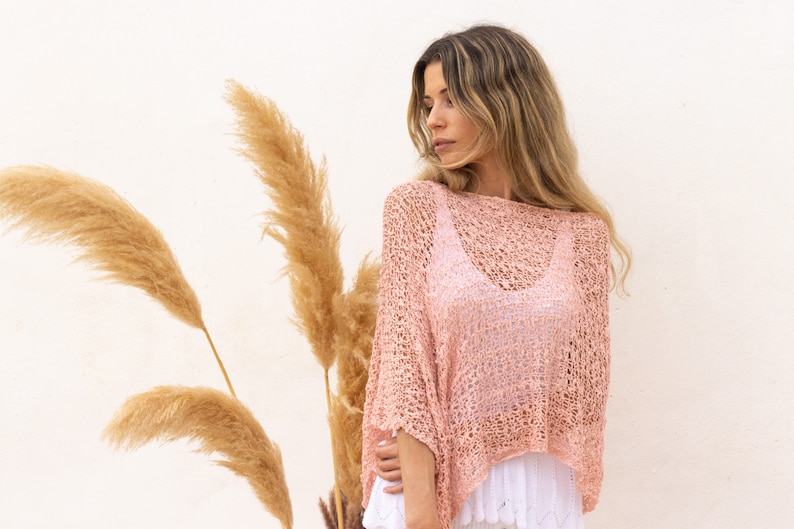 Suéter de punto suelto para mujer, poncho rosa claro calado, cubierta transparente de punto, accesorios de ropa romántica para mujer, regalos Boho para mamá imagen 2