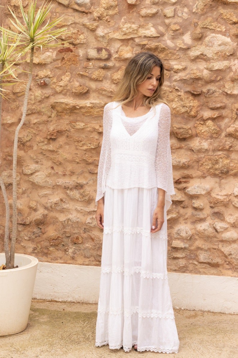 Poncho d'été bohème blanc, robe hippie transparente Ibiza, poncho blanc bohème pour femme, poncho d'été tricoté, cadeau hippie chic image 1