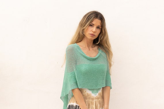 Sheer summer shawl for women, Boho beach poncho seafoam, Light knit shawl convertible for summer dress, Hippie clothing accessories