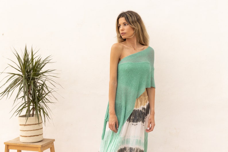 Sheer summer shawl for women, Boho beach poncho seafoam, Light knit shawl convertible for summer dress, Hippie clothing accessories image 5