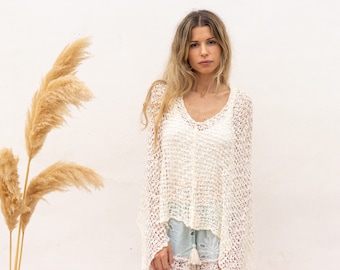 Off white sheer poncho, Bohemian knit sweater for summer, Ivory open knit poncho soft, Beachy outfit accessories for women, Boho gift