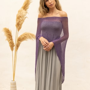 Lila schiere Poncho für Frauen, Boho chic schulterfreie Poncho Aubergine Farbe, mehrere Wege Kleid verdecken gestrickt, Robe boheme für Frauen Bild 4