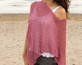 Loose knit poncho rose pink, Boho shoulder cover up, Openwork poncho lightweight, Asymmetrical sweater for summer, Women casual knit wear