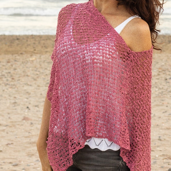 Loose knit poncho rose pink, Boho shoulder cover up, Openwork poncho lightweight, Asymmetrical sweater for summer, Women casual knit wear