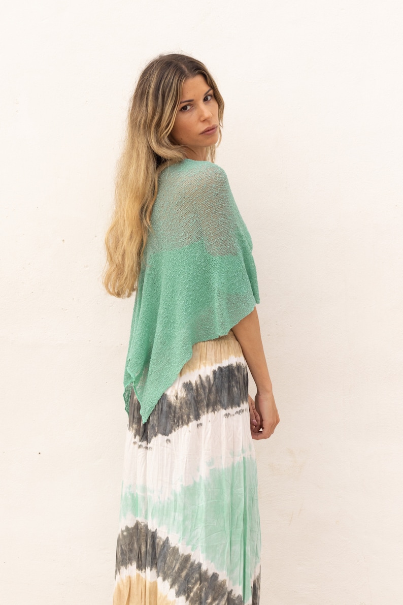 Sheer summer shawl for women, Boho beach poncho seafoam, Light knit shawl convertible for summer dress, Hippie clothing accessories image 2