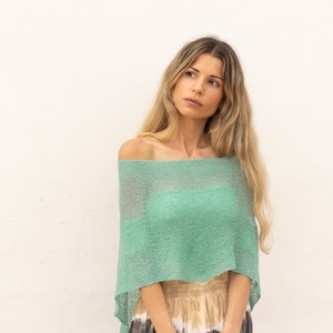 Sheer summer shawl for women, Boho beach poncho seafoam, Light knit shawl convertible for summer dress, Hippie clothing accessories image 6