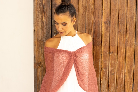 Rustic wedding wrap shawl knitted, Salmon bride shawl crisscross, Simple wedding dress cover up, Wedding accessories for boho bride