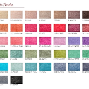 May include: Color selection chart for a versatile poncho.  The chart shows 54 different color swatches, each with a number and a name.  The colors range from white to black, and include shades of red, green, blue, purple, and brown.