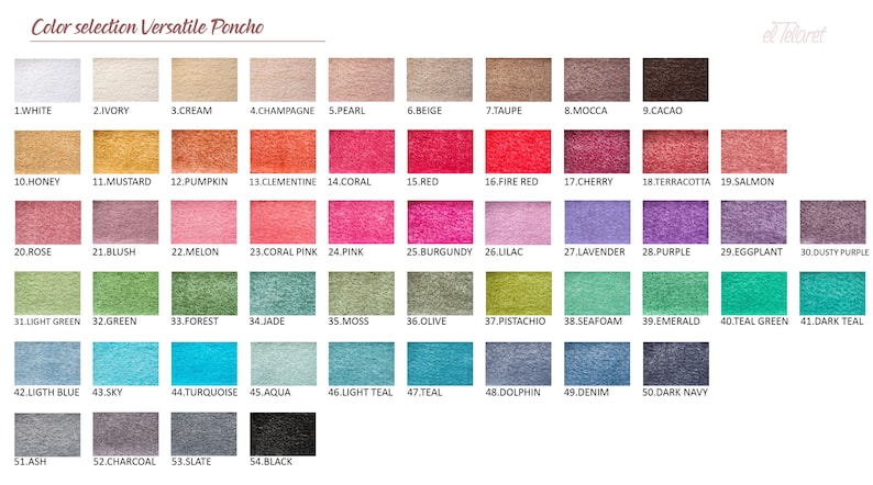 May include: Color selection chart for a versatile poncho.  The chart shows 54 different color swatches, each with a number and a name.  The colors range from white to black, and include shades of red, green, blue, purple, and brown.