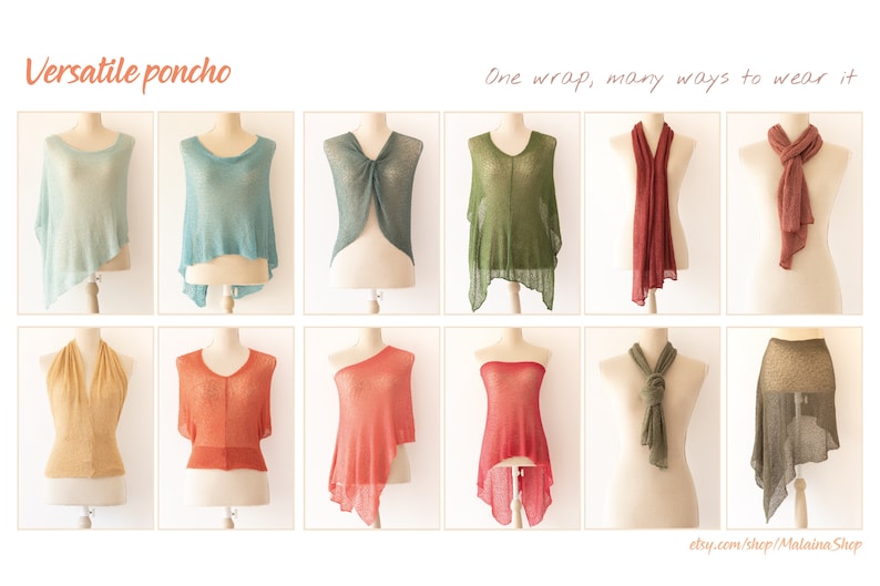 May include: A versatile poncho in 10 different styles, shown on mannequins. The poncho is available in a variety of colors, including blue, green, red, and orange. The text "Versatile poncho" and "One wrap, many ways to wear it" is visible at the top of the image. The text "etsy.com/shop/MalainaShop" is visible at the bottom of the image.