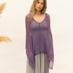 Purple sheer poncho for women, Boho chic off the shoulder poncho eggplant color, Multiple way dress cover up knitted, Robe boheme for women image 7