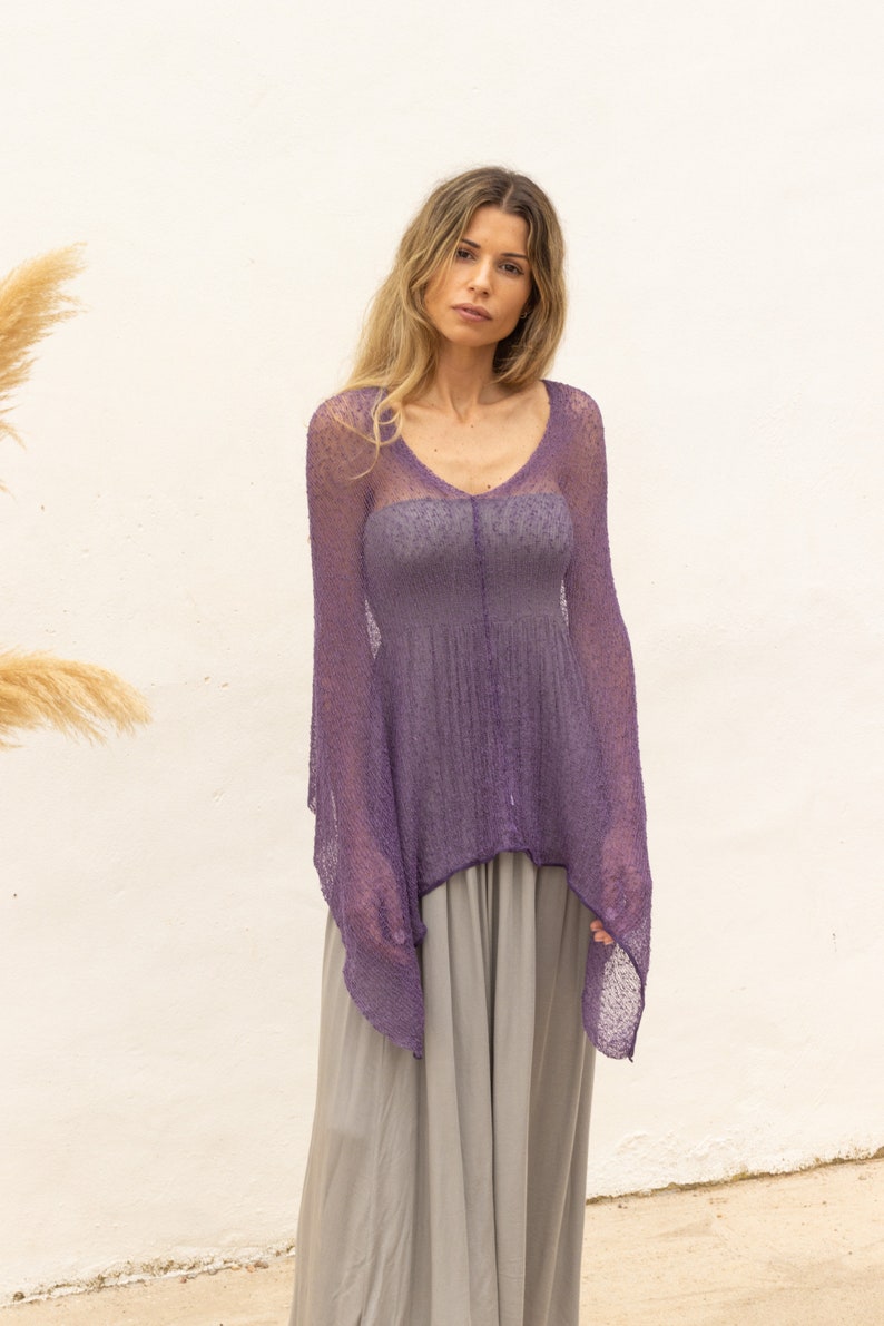 Purple sheer poncho for women, Boho chic off the shoulder poncho eggplant color, Multiple way dress cover up knitted, Robe boheme for women image 7